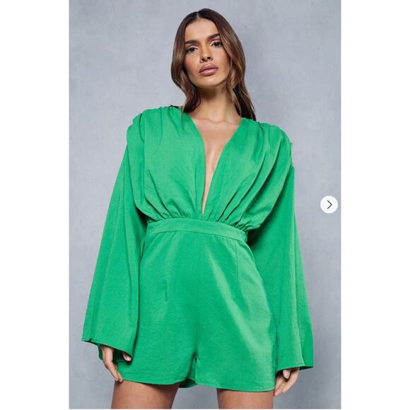 NEW MissPap Plunge Front Romper 6 Green Tie Back Playsuit Linen Look Glam - Picture 11 of 11